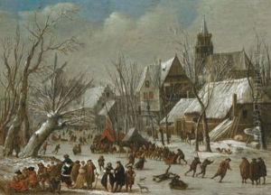 A Winter Landscape With Figures On A Frozen Canal by Gerrit (Gerard) Battem