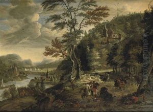 A Mountainous River Landscape With A Cavalry Skirmish