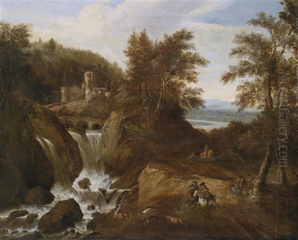 Gebirgslandschaft Mit Wasserfall Und Jagdgesellschaft - view 1