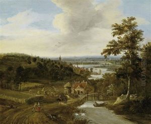 Weite Flusslandschaft Mit Bauersleuten Und Reisenden
