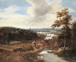 A Wooded River Landscape With Harvesters And Travellers On A Bridge, A Town Beyond