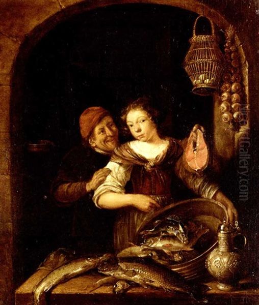 Interior With A Young Kitchen Maid Holding A Large Bowl Of Assorted Fish, Other Fish On A Ledge, With A Tankard, Eggs Hanging In A Basket And A Bunch Of Onions, A Peasant Holding A Large Salmon Steak - view 1
