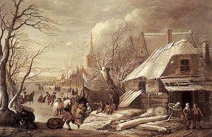 Patineurs Et Personnages Dans Un Paysage De Riviere Gelee by Gerrit (Gerard) Battem