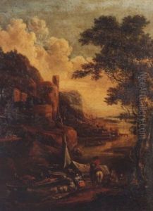 A Mountainous River Landscape With Figures Loading Barges by Gerrit (Gerard) Battem