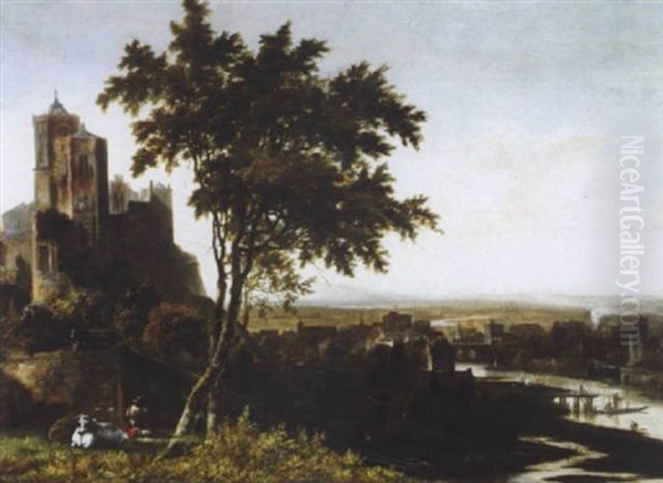 A Landscape With A Drover And His Cows Overlooking A Riverside Town - view 1