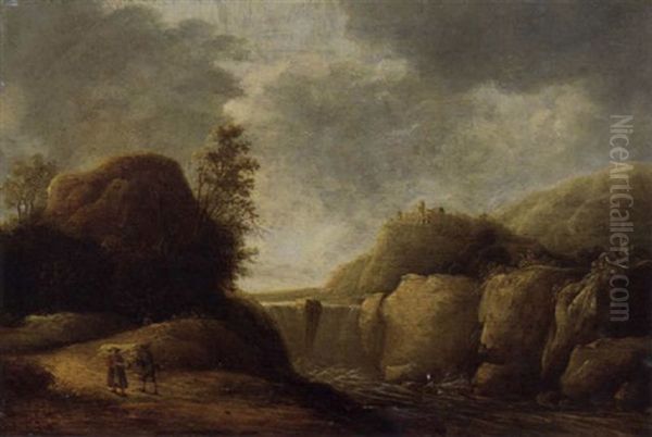 A Mountainous Landscape With Travellers On A Path By A Waterfall - view 1
