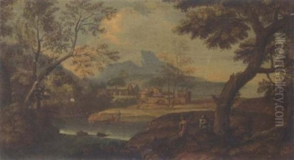 A Wooded River Landscape With Fishermen And Other Figures - view 1
