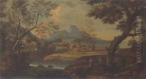 A Wooded River Landscape With Fishermen And Other Figures by Giovanni Battista