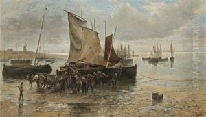 A Group Of Figures Unloading A Boat At The Water's Edge A Group Of Figures Unloading A Boat At The Water's Edge
