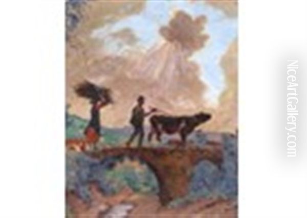 Ligurian Peasants Crossing A Bridge - view 1
