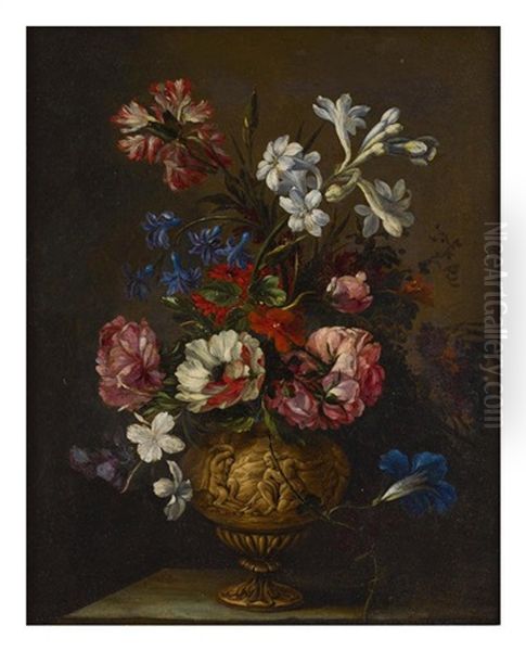 A Still Life Of Roses, Hyacinths, Carnations, And Other Flowers In An Ornamental Vase Depicting The Flaying Of Marsyas - view 1