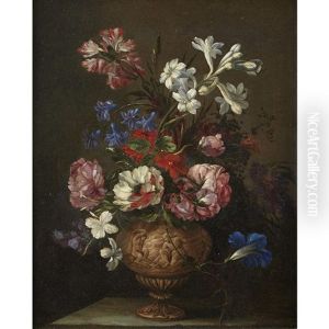A Still Life Of Roses, Hyacinths And Other Flowers In An Ornamental Vase Depicting The Flaying Of Marsyas by Nicolas Baudesson