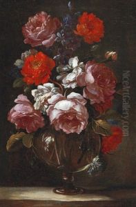 A Still Life Of Flowers In A Glass Vase by Nicolas Baudesson