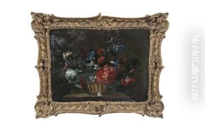 Still Life Of Peonies, Carnations And Other Flowers In A Basket On A Ledge by Nicolas Baudesson