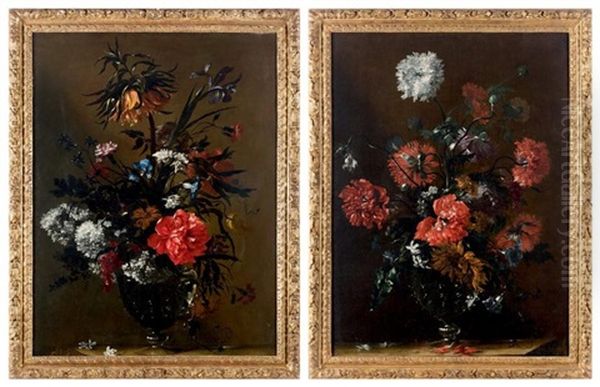 Fleurs Dans Un Vase En Verre Facon De Venise, Sur Un Entablement (pair) - view 1