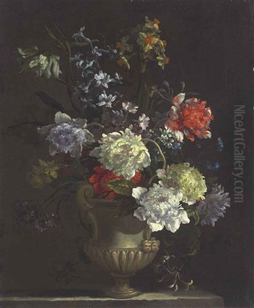 A Morning Glory, Chrysanthemums, Carnations And Other Flowers In An Antique Vase - view 1