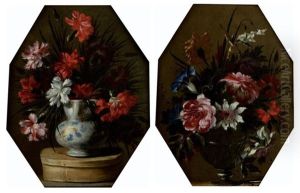 Bouquet D'oeillets Rouges Et Blanc Dans Un Pichet A Bec Verseur Pose Sur Un Entablement Sur Une Boite De Copeaux Et Bouquet De Fleurs Dans Un Vase En Verre Sur Un Entablement (pair) by Nicolas Baudesson