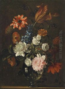 Ein Stillleben Aus Tulpen, Nelken Und Anderen Blumen In Einer Glasvase by Nicolas Baudesson