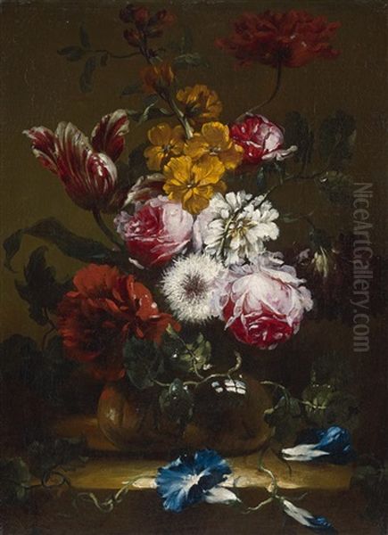 Roses, Tulips, Bindweed And Other Flowers In A Vase - view 1