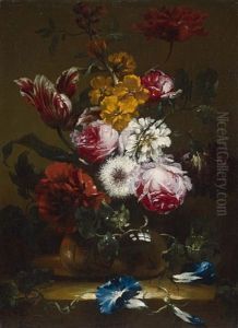 Roses, Tulips, Bindweed And Other Flowers In A Vase by Nicolas Baudesson