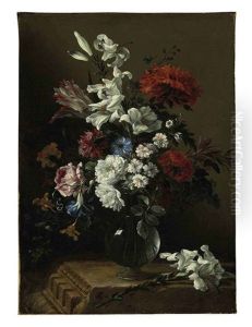 Lilies, Roses, Tulips, Carnations, And Other Flowers In A Glass Vase On A Classical Architectural Fragment by Nicolas Baudesson