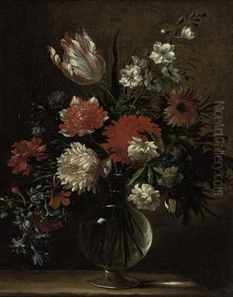 Morning Glory, Tulips, Carnations And Other Flowers In A Glass Vase On A Ledge - view 1