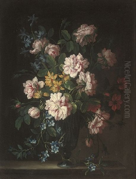 Roses, Aquilegia, Bluebells And Other Flowers In A Glass Vase - view 1