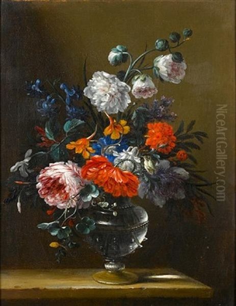 Carnations, Jasmine, Peonies, Lilac, Harebells In A Glass Vase On A Table-top - view 1