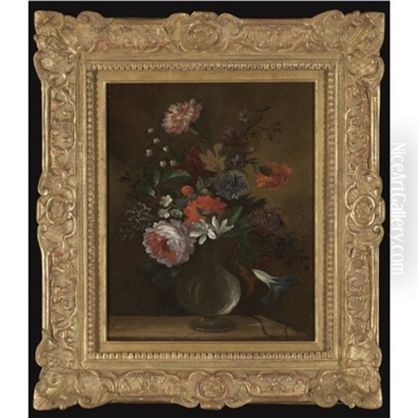 Still Life Of Flowers Including Roses, Carnations And Lily Of The Valley, In A Glass Vase On A Stone Ledge - view 1