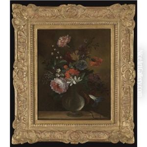 Still Life Of Flowers Including Roses, Carnations And Lily Of The Valley, In A Glass Vase On A Stone Ledge by Nicolas Baudesson