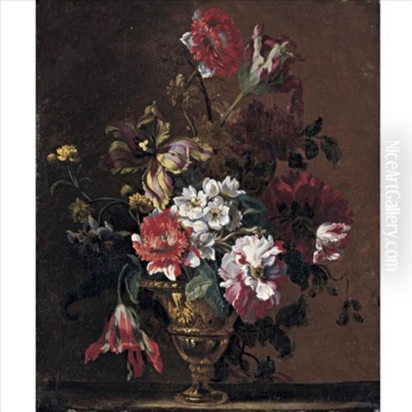 A Still Life With Parrot Tulips, Carnations And Other Flowers In An Urn On A Stone Ledge - view 1