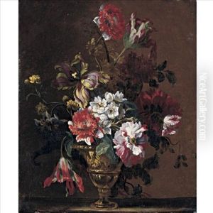 A Still Life With Parrot Tulips, Carnations And Other Flowers In An Urn On A Stone Ledge by Nicolas Baudesson