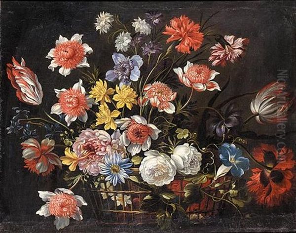 Still Life With Carnations, Tulips And Various Other Flowers In A Basket On A Stone Ledge - view 1