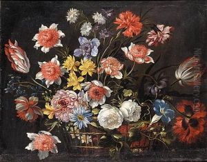 Still Life With Carnations, Tulips And Various Other Flowers In A Basket On A Stone Ledge
