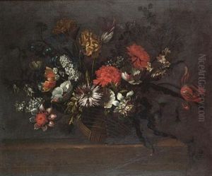 Tulips, Chrysanthemums, Poppies, Delphiniums And Other Flowers In A Wicker Basket On A Stone Ledge