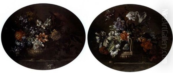 Tulips, Honeysuckle, Hyacinths, Narcissi And Other Flowers In A Stone Urn On A Carved Stone Ledge (+ Tulips, Orange Blossom, Chrysanthemums And Other Flowers In A Stone Urn; Pair) - view 1