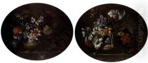 Tulips, Honeysuckle, Hyacinths, Narcissi And Other Flowers In A Stone Urn On A Carved Stone Ledge (+ Tulips, Orange Blossom, Chrysanthemums And Other Flowers In A Stone Urn; Pair) by Nicolas Baudesson