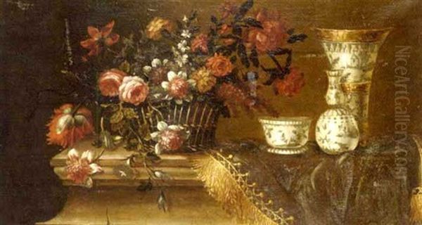Corbeille De Fleurs, Vases, Tasse Et Tapis Sur Un Entablement - view 1