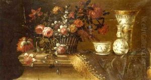 Corbeille De Fleurs, Vases, Tasse Et Tapis Sur Un Entablement