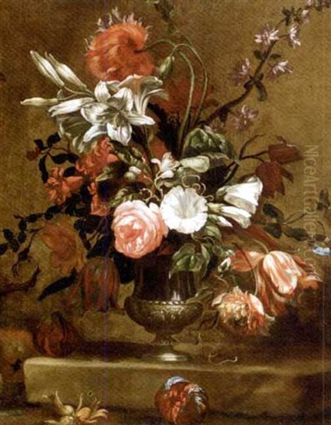 Peonies, Campanulae, Madonna Lilies And Other Flowers In An Urn On A Stone Ledge - view 1