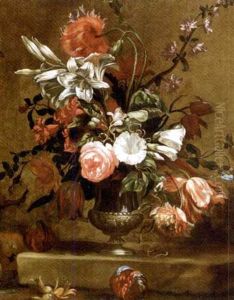 Peonies, Campanulae, Madonna Lilies And Other Flowers In An Urn On A Stone Ledge