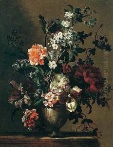 Still Life Of Chrysanthemums, Tulips, Honeysuckle And Orange Blossom In A Stone Vase, Arranged Upon A Ledge by Nicolas Baudesson