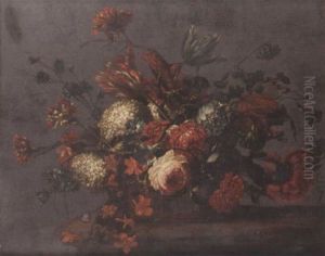Roses, Carnations, Peonies, Tulips, Morning Glory And Other Flowers On A Basket On A Ledge by Nicolas Baudesson