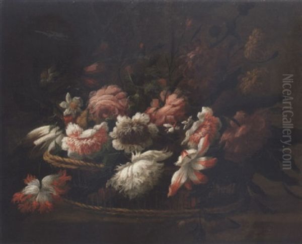 Roses, Tulips, And Other Flowers In A Basket On A Ledge - view 1
