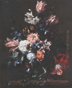 A Still Life Of Tulips, Narcissi, Convolvulus, Hyacinths And Other Flowers In A Glass Vase On A Stone Ledge by Nicolas Baudesson