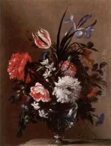 A Still Life Of An Iris, A Rose, A Tulip, Peonies And Other Flowers In A Glass Vase On A Stone Ledge by Nicolas Baudesson