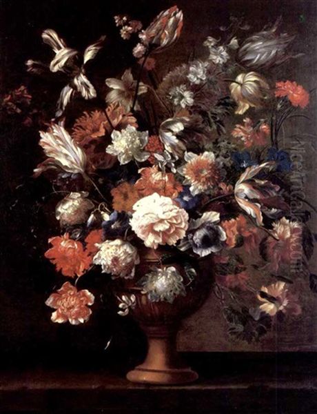 Carnations, Tulips, Roses, Poppy, Anemones And Peonies And Various Other Flowers In A Bronze Vessel On A Ledge - view 1