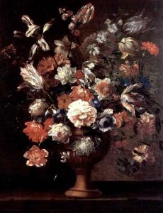 Carnations, Tulips, Roses, Poppy, Anemones And Peonies And Various Other Flowers In A Bronze Vessel On A Ledge by Nicolas Baudesson