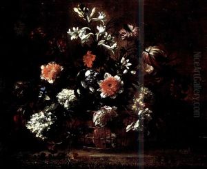 Peonies, Narcissi, Jasmine, Iris And Other Flowers In A Basket On A Table