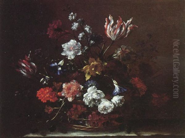 A Still Life Of Parrot Tulips Convolulus, Peonies And Other Flowers In A Basket On A Stone Ledge - view 1
